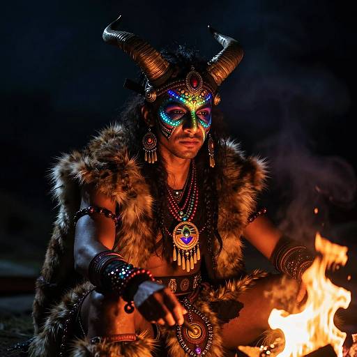 Photograph of a person in vibrant, elaborate tribal attire with glowing face paint, fur vest, and horned headdress, tending a fire in