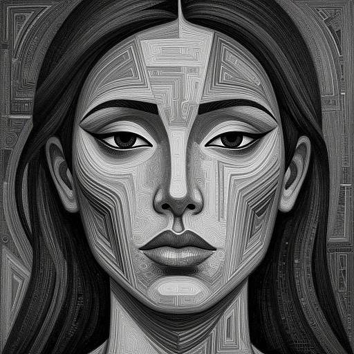 Digital artwork of a mysterious, monochromatic woman with intricate, geometric facial patterns, large eyes, and dark, flowing hair on a patterned background