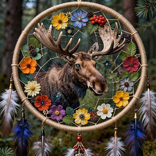 Photograph of a dreamcatcher with a moose head at the center, surrounded by colorful flowers, berries, and feathers, set against a forest