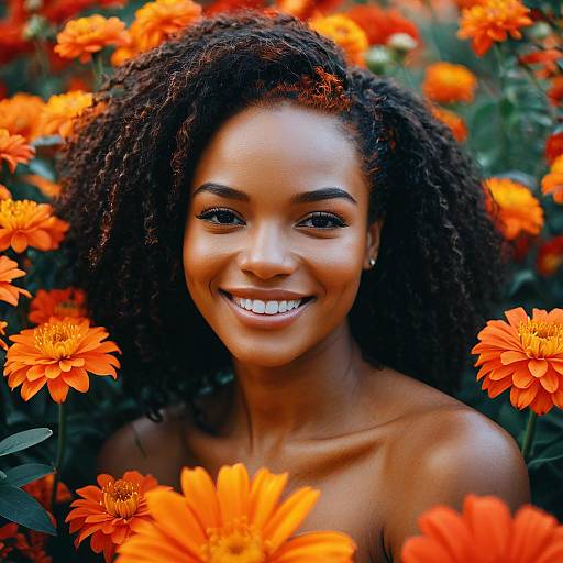 Smiling African-American Woman Among Orange Flowers