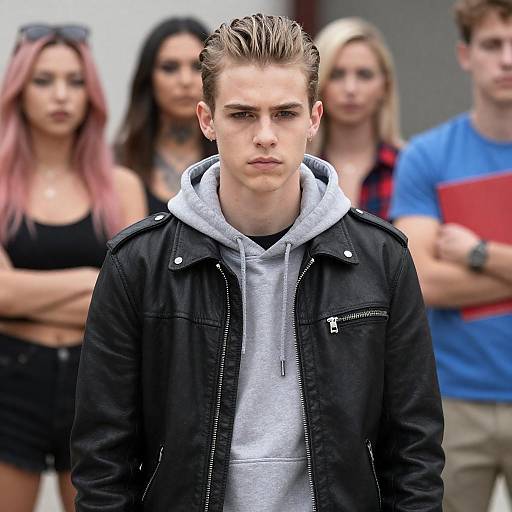 Young Man in Leather Jacket with Friends