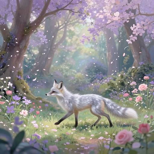 Digital painting of a white-furred fox walking through a magical forest, surrounded by blooming pink and purple flowers with falling petals. Sunlight filters through