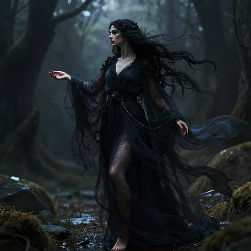 Photorealistic digital artwork of a dark-haired woman in a flowing black dress, standing in a misty, forested creek, extending her hand gracefully