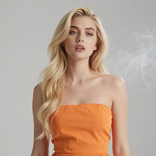 Platinum Blonde Woman in Orange Dress