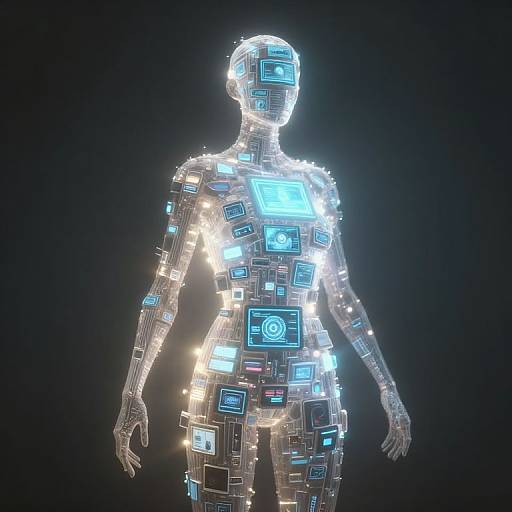 CGI digital image of a translucent human figure illuminated with glowing blue and white technology panels against a dark background.