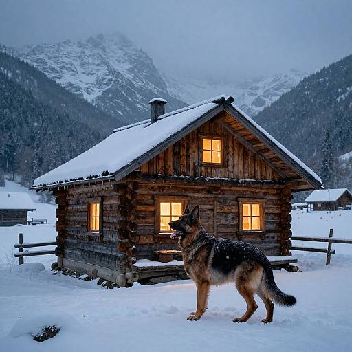 Belgian Shepherd Guarding Snowy Cabin