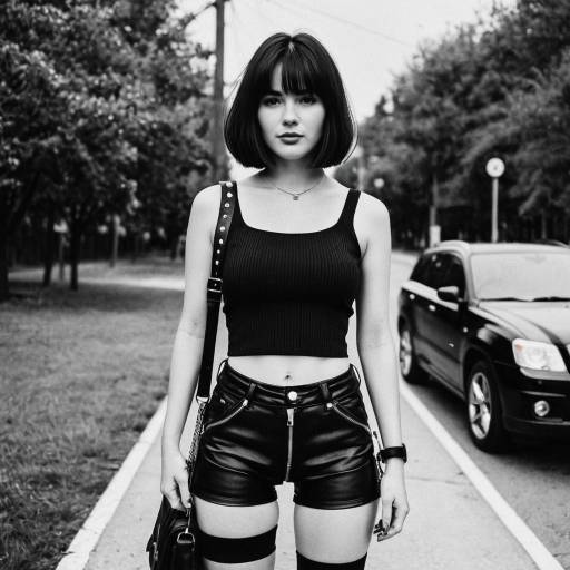 Young Woman in Black Leather Biker Shorts Outdoors