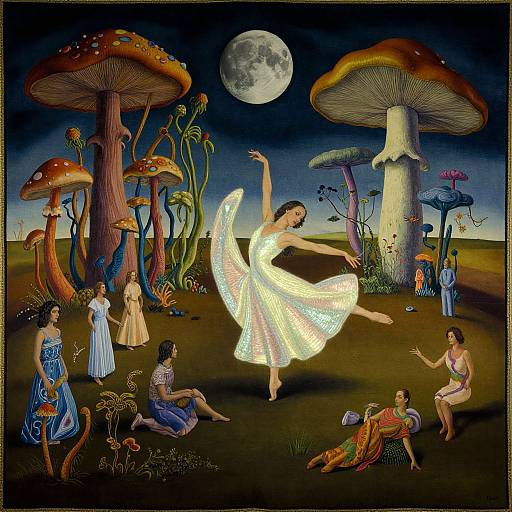 Surreal painting: Dancers in sparkling dresses perform under a full moon, surrounded by giant mushrooms, colorful flowers, and whimsical plants.