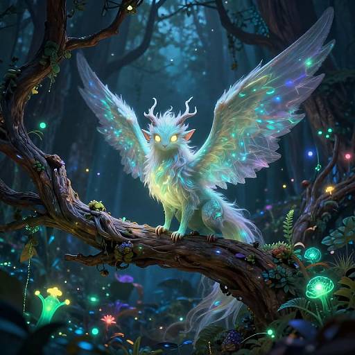 Digital fantasy artwork of a glowing, winged, ethereal creature with neon eyes and fur, perched on a moss-covered branch in a magical,