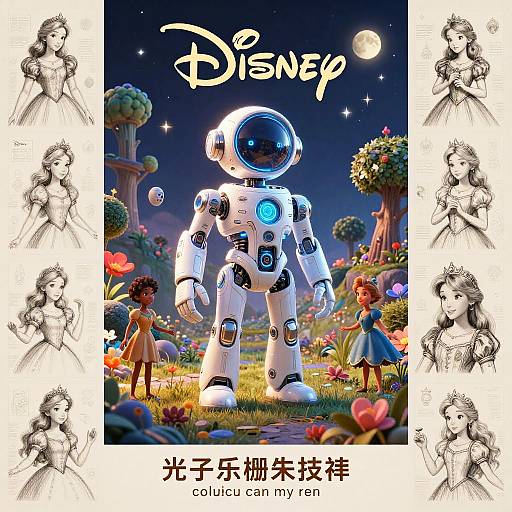 Disney-themed digital illustration of a robot astronaut in a colorful garden with two children, surrounded by black-and-white character sketches. Text in Chinese and English at