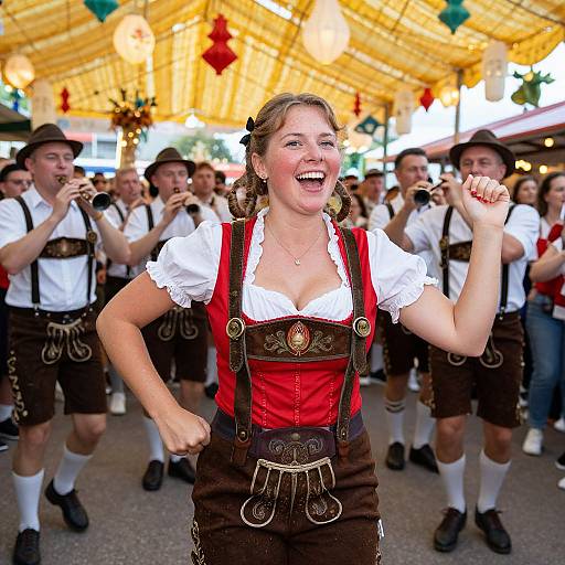 Photograph of a joyful woman in a red and brown Bavarian dirndl with white blouse, singing in a festive outdoor beer garden, surrounded by men