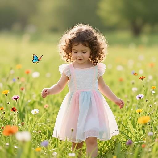 Curly-Haired Girl in Sunlit Meadow