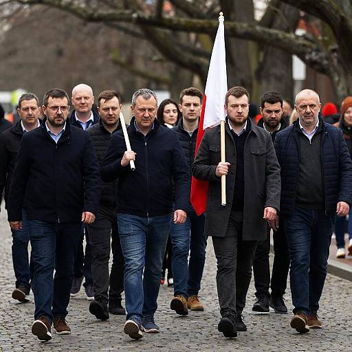 Group of Men with Flag on Cobblestone Street