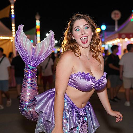 Photograph of a smiling woman with wavy brown hair, wearing a purple, shiny mermaid costume with a glittery tail, at a lively nighttime