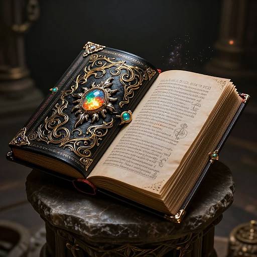 Photograph of an ornate, dark leather-bound book with intricate gold patterns, glowing emerald and orange gemstones, open on a marble pedestal,