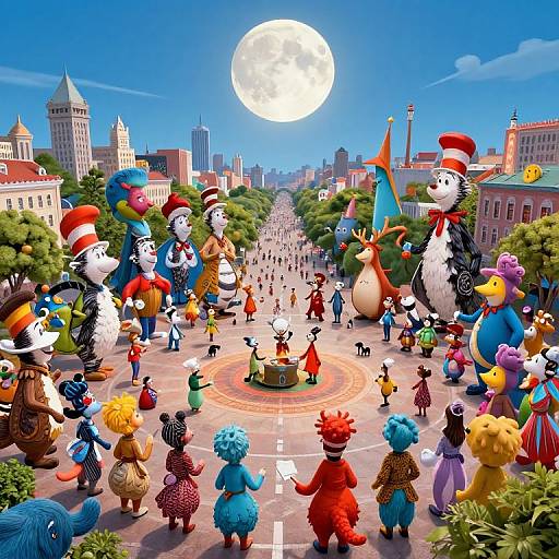 Bright cartoon scene of Dr. Seuss characters on a sunny street, full moon overhead, diverse colorful characters, urban background with tall buildings.