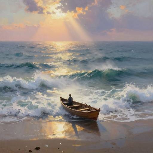 Digital painting of a lone figure in a wooden boat, floating on sunlit, wave-crashing ocean at sunset, with vibrant, colorful sky.