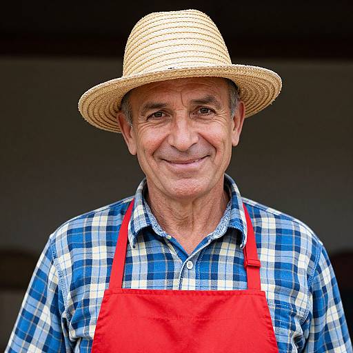 Photograph of an elderly man with wrinkled skin, wearing a straw hat, blue checkered shirt, and red apron, smiling directly at the