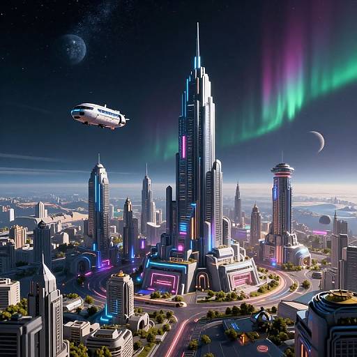 Glowing futuristic cityscape with neon-lit skyscrapers, a hovering spaceship, aurora borealis, and a crescent moon in a