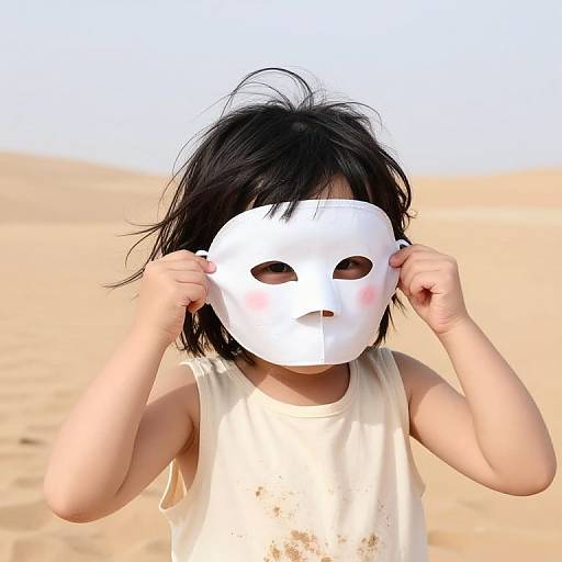 Photograph of an Asian child with black, messy hair, wearing a white, mask-like face covering, holding it up with both hands, in a
