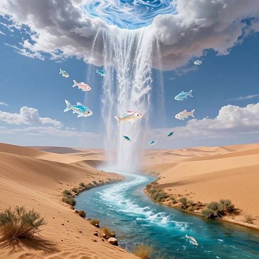 Digital artwork: Bright desert with golden sand dunes, blue river, and fish, featuring a waterfall from a cloudy sky. Fish swim near the falling