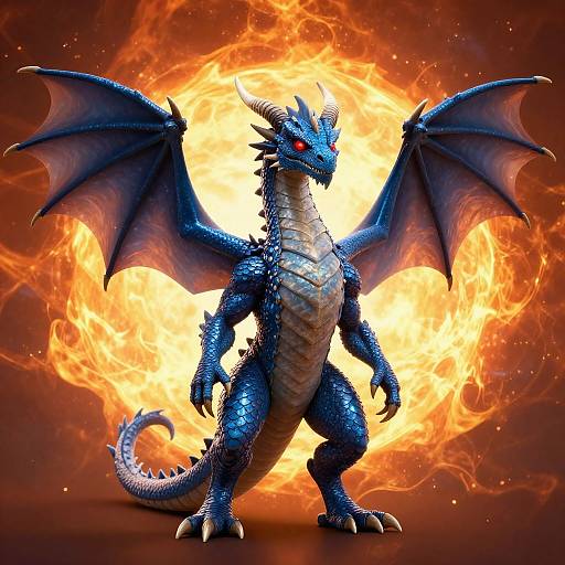 Digital artwork of a blue, muscular dragon with red eyes, standing against a fiery orange and yellow background, wings spread wide.