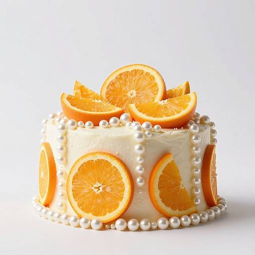 Photograph of a white, round cake adorned with orange slices and pearl-like beads, topped with more orange slices, against a white background.