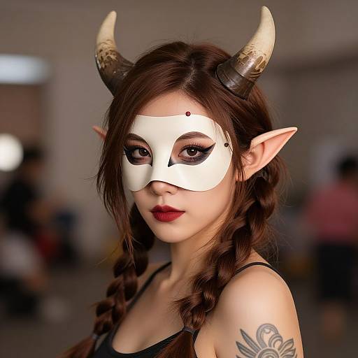 Photograph of a woman with white fantasy mask, brown braided hair, dark red lipstick, elf ears, black horns, and tattoo, blurred indoor