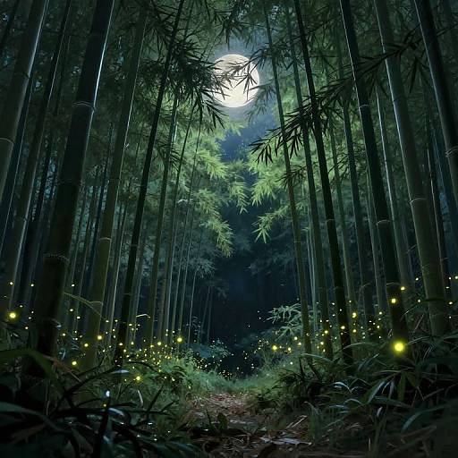 Moonlit bamboo forest with glowing fireflies, tall bamboo stalks, and dense green foliage. Ethereal, mystical night scene. Digital art.