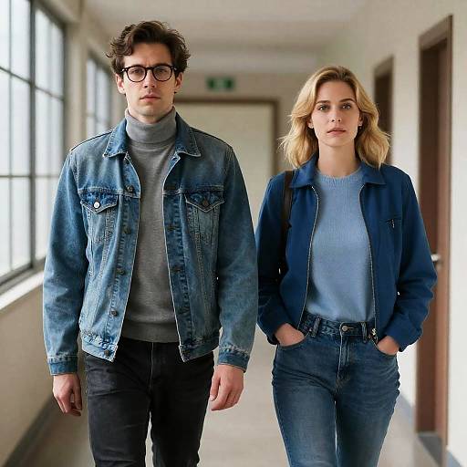 Two People Walking Down Hallway