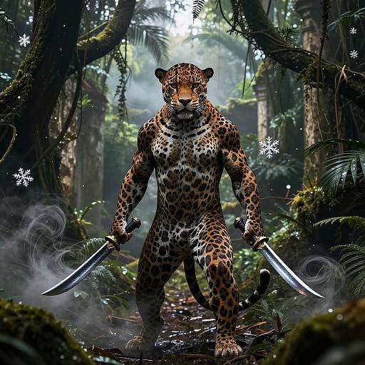 Digital art of a muscular, anthropomorphic leopard with spotted fur, standing in a dense, misty jungle, holding two gleaming knives, snowfl