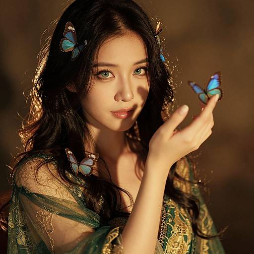Photograph of an Asian woman with long black hair, green eyes, and fair skin, gently holding a blue butterfly, wearing a green, gold-pattern