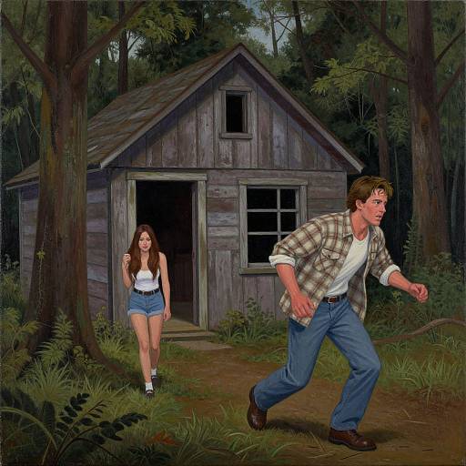 Digital painting of a wooded scene: a man in a plaid shirt and blue jeans runs, a smiling woman in a white tank top and denim shorts