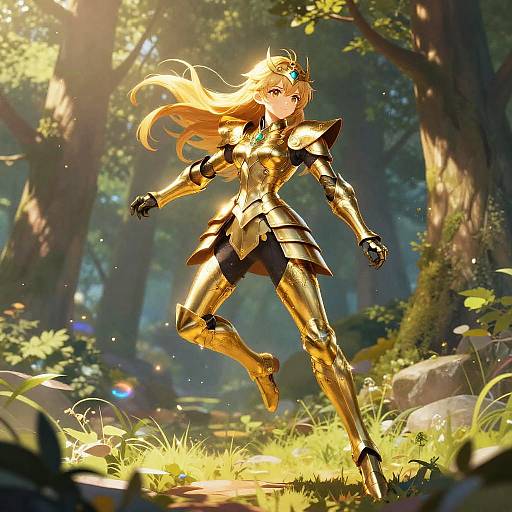 Anime Girl in Golden Armor Leap