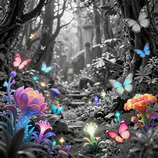 Enchanted forest scene in black and white with vibrant, glowing flowers and butterflies in pink, blue, and orange. Magical, ethereal atmosphere.