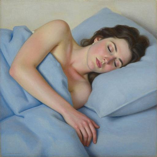 Photorealistic painting of a fair-skinned woman with closed eyes, brown hair, and pink lips, sleeping on blue pillows and blanket.