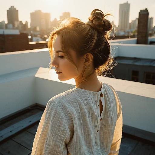 Woman with Loose Bun on Rooftop at Golden Hour
