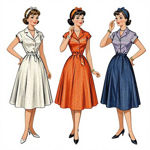 Vintage-style illustration of three women in 1950s dresses: white, orange, and navy blue; each with short hair, heels, and accessories
