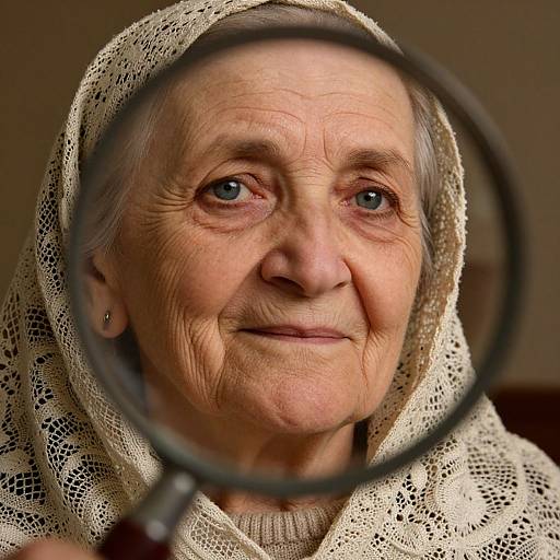 Photograph of an elderly woman with wrinkles, light skin, and gray hair, wearing a white lace headscarf, looking through a magnifying glass