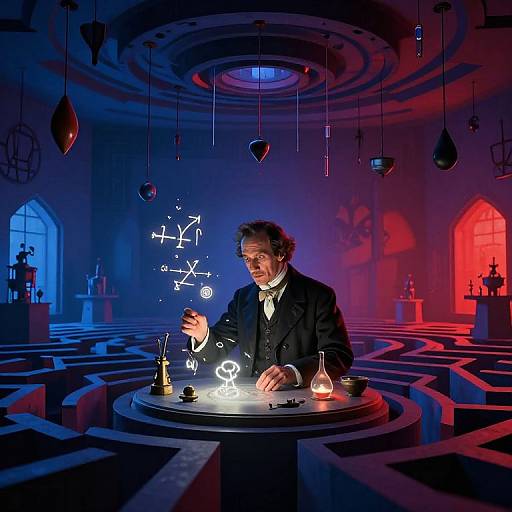 Photograph of a man in a black suit, illuminated equations floating above his hand, in a futuristic, neon-lit room with circular patterns and hanging