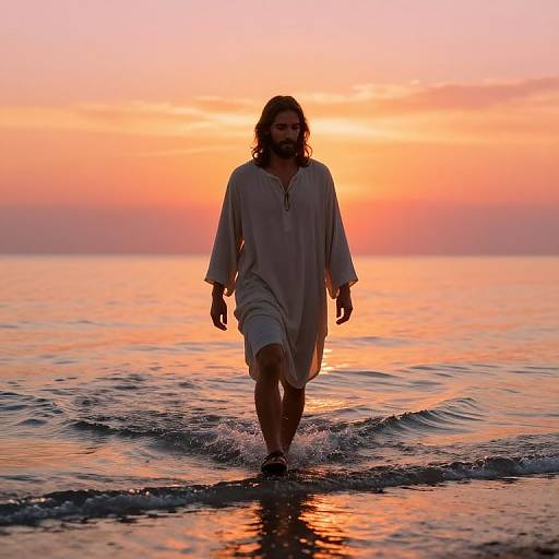 Photograph of a bearded man with long hair wearing a white traditional robe, walking through calm ocean waves at sunset, with an orange and pink sky