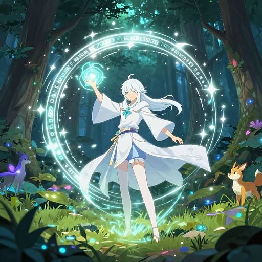 Anime-style digital artwork of a white-haired mage in a white robe casting a glowing magic circle in a moonlit forest. Eevee stands nearby,