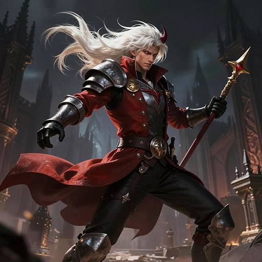 Digital fantasy artwork of a fierce white-haired warrior with red horns, wearing black armor and red coat, holding a star-tipped spear in a dark,