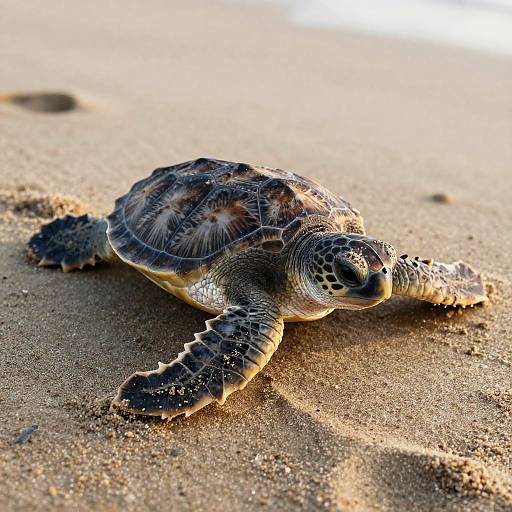 Photograph of a detailed sea turtle with textured, patterned shell and sand-covered flippers on a sunlit, sandy beach.