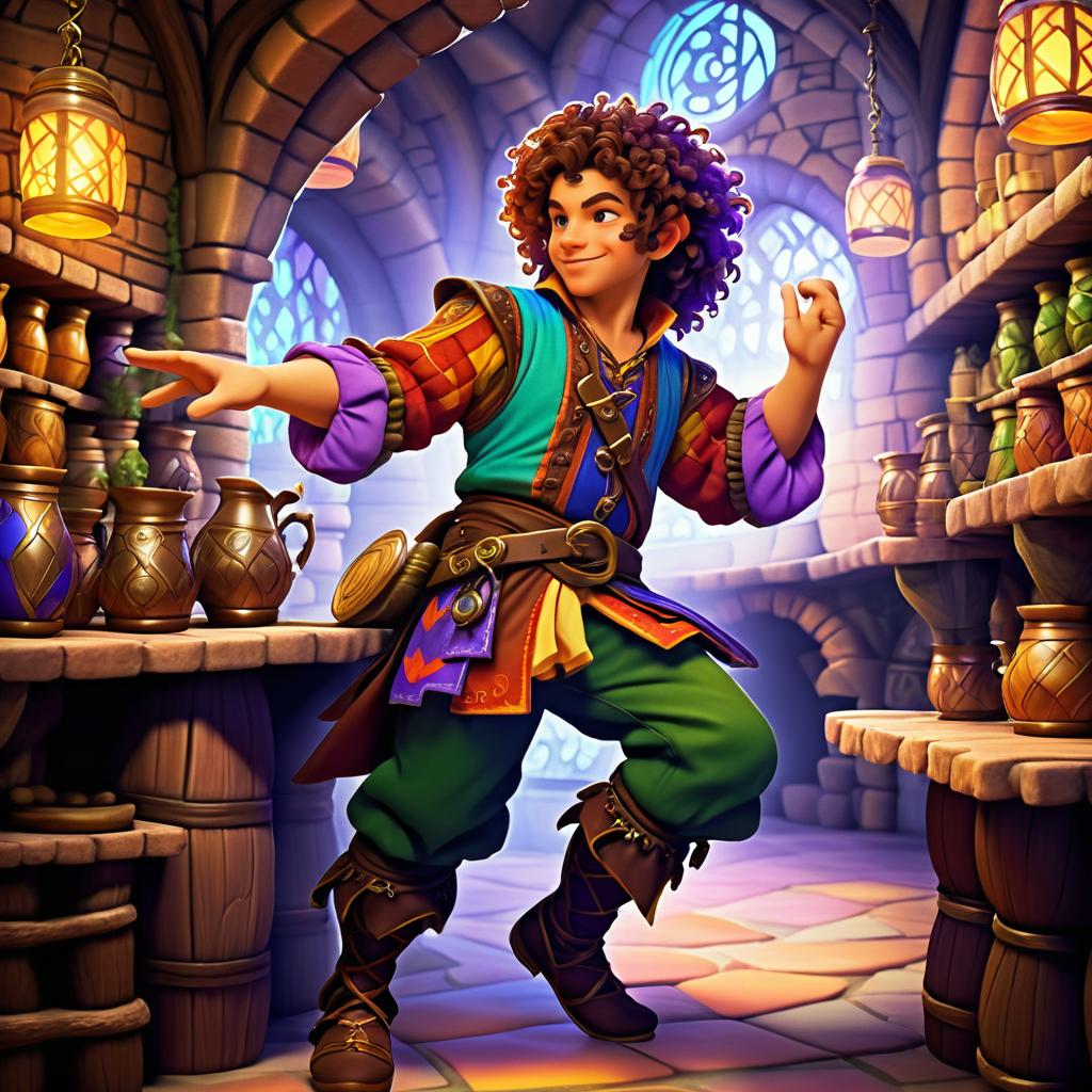 Dynamic Halfling Bard in Bustling Tavern