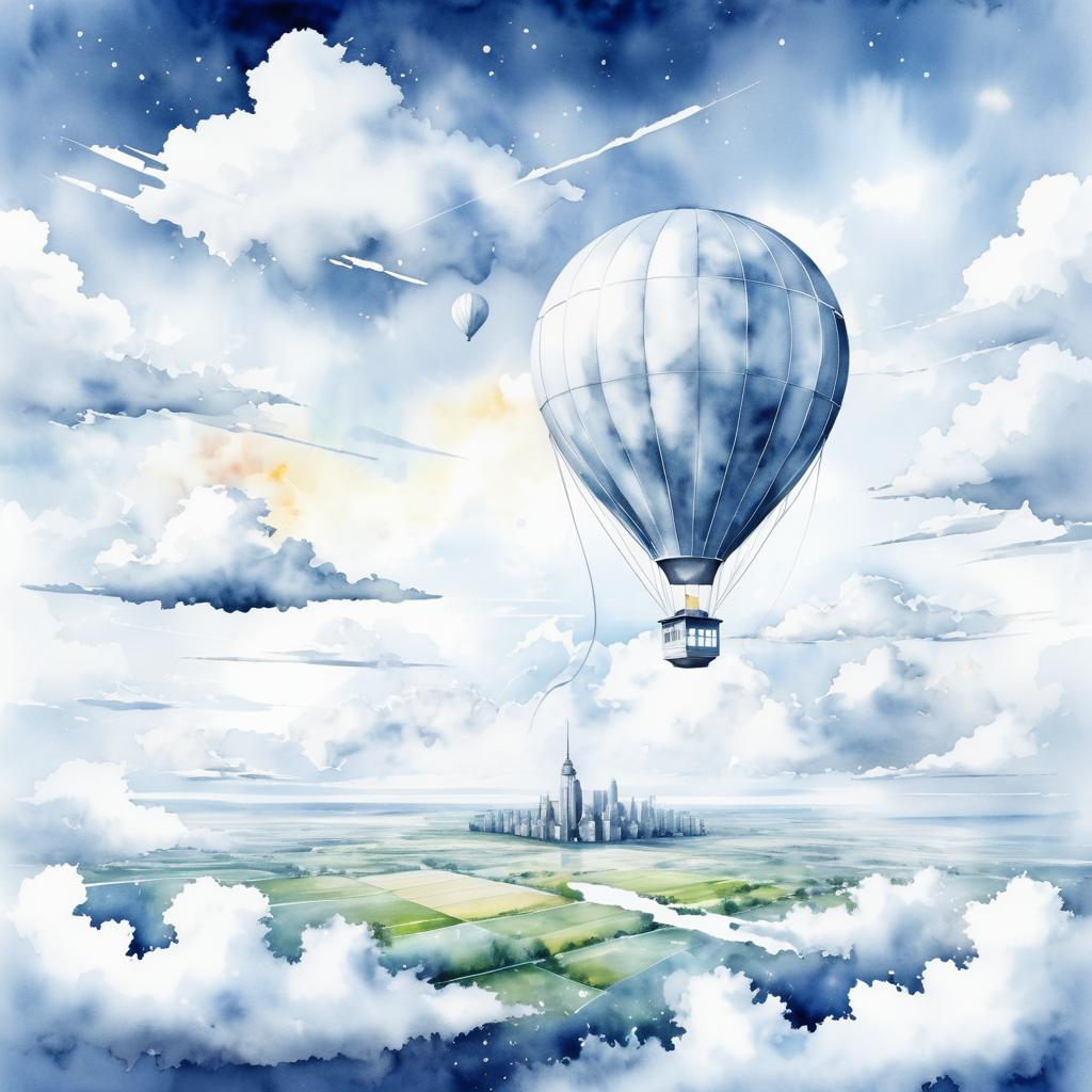 Watercolor Weather Balloon in Scenic Sky