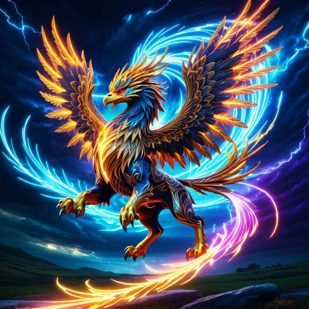 Vibrant Fantasy Griffin Under Stormy Skies