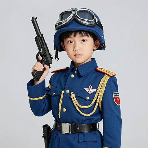 Young Boy in Blue Military Uniform