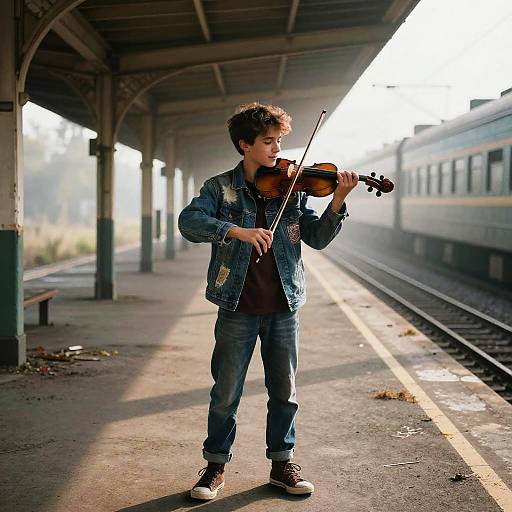 Teen Violinist on Foggy Train Platform