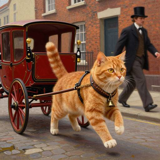 Ginger Cat Pulling Vintage Carriage